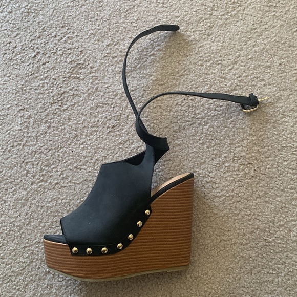 Black Platform Studded Suede Wedges - Picture 3 of 3